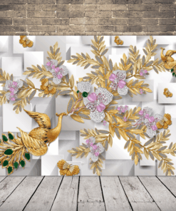 Obraz páva a zlaté květy