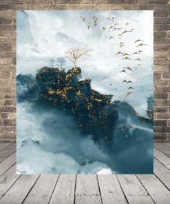 Obrázek hor a zlatých ptáků