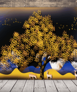 Obraz stromu a stáda jelenů