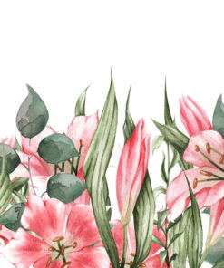 Fototapeta Malované Růžové Lilie Se Zelenými Listy