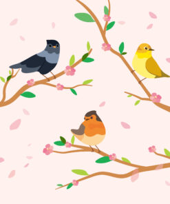 Fototapeta Ptáci Na Větvi V Růžové