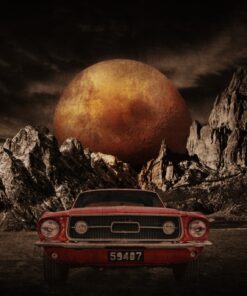 Fototapeta úplněk nad červeným mustangem