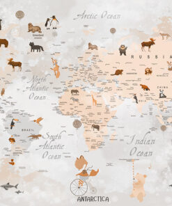 Fototapeta Mapa Světa Se Zvířaty V Hnědé