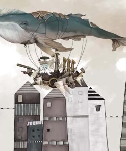 Fototapeta Letící velryba nad městem pro děti