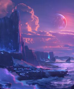 Fototapeta Mimozemská planeta nad skalnatým pobřežím